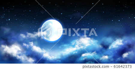 Full Moon In Night Sky With Stars And Clouds Scene Stock Illustration 61642373 Pixta