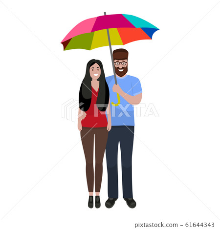 Man and woman with rainbow umbrella in a good mood isolated on white background Man and woman with rainbow umbrella in a good mood isolated on white background 61644343