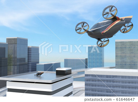 大型客運無人機準備降落在屋頂無人機端口。飛行出租車概念 61646647