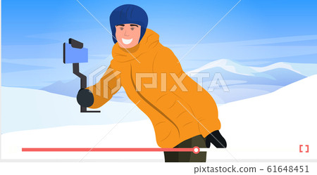 skier or snowboarder using selfie stick man recording video blog streaming live on smartphone camera blogging concept recreation activity in winter ski resort horizontal online player portrait 61648451
