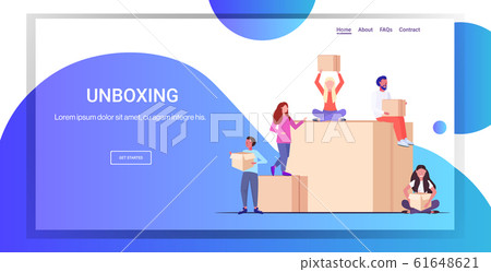 men women bloggers opening parcel boxes recording unboxing video live streaming social media mail delivery shipment blogging concept full length horizontal copy space 61648621