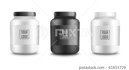 Realistic protein powder container mockup - white plastic jar without a  label, Stock vector