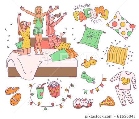Pajama slumber party drawing set - cute sleepover objects and people 61656045