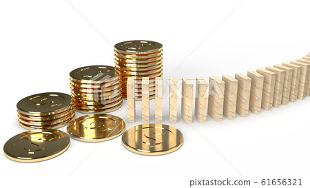 The wood domino and gold coin 3d rendering abstract image for business content. 61656321
