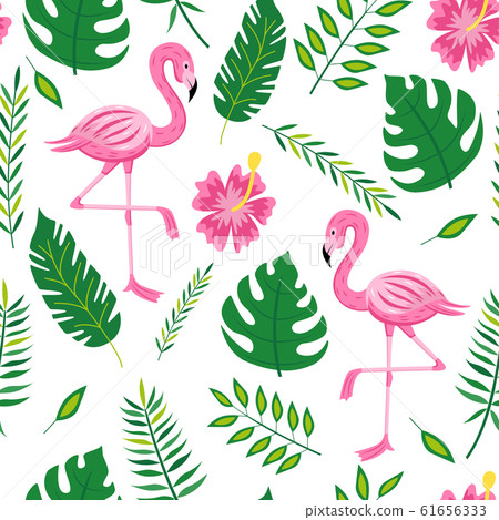Flamingo and leaves seamless pattern - tropical summer symbol collection 61656333