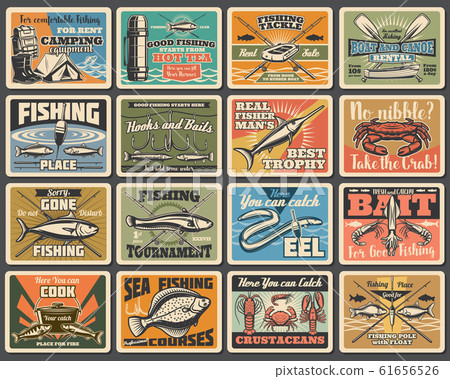 fishing sport, tackles, hooks retro signs 61656526