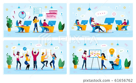 Programmers Team Work Flat Vector Concepts Set - Stock Illustration ...
