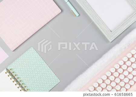 flat lay stationery collocate on work desk in pastel colorful background flat lay stationery collocate on work desk in pastel colorful background 61658665