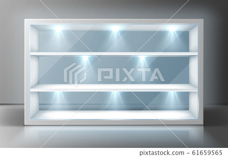 Showcase with glass wall, shelves and spotlights 61659565