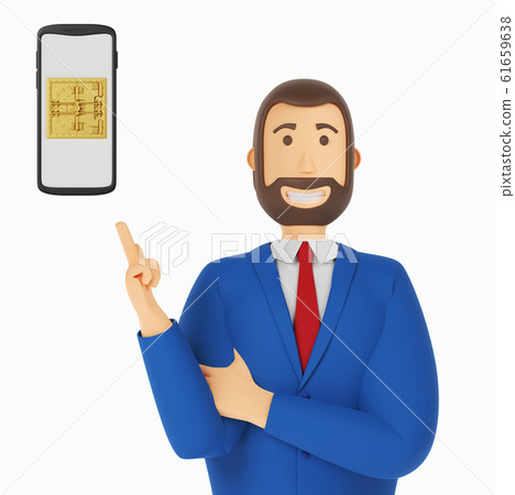 Cartoon character, businessman in suit with pointing finger at mobile phone vault door. 3d rendering 61659638