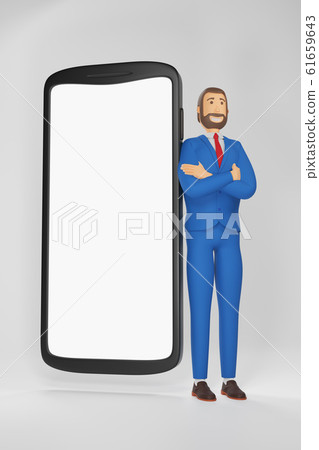 Cartoon character, businessman stand with a telephone. 3D rendering 61659643