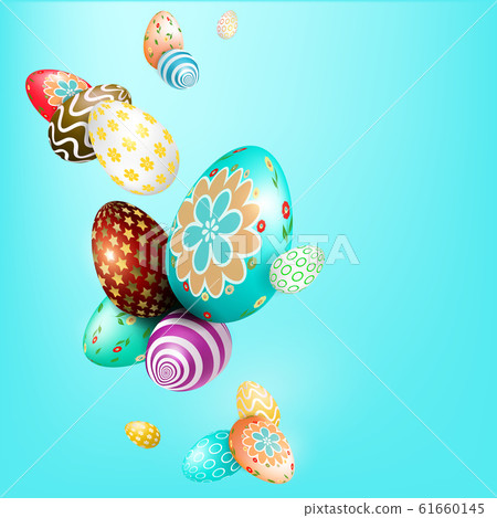 Light blue Easter composition with wonderful eggs with a different pattern Light blue Easter composition with wonderful eggs with a different pattern 61660145