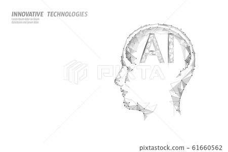 AI artificial intelligence robot support 3D. Virtual assistant voice recognition service technology. Chatbot human brain profile low poly vector illustration 61660562
