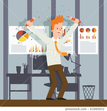 Office employee celebrating, vector illustration. Happy businessman cartoon character, successful project manager. Professional career success celebration, startup progress Office employee celebrating, vector illustration. Happy businessman cartoon character, successful project manager. Professional career success celebration, startup progress 61660832