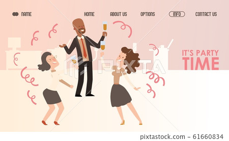 Office party website design, vector illustration. Successful business people celebrating and dancing. Landing page template, corporate event invitation. Man and woman employees Office party website design, vector illustration. Successful business people celebrating and dancing. Landing page template, corporate event invitation. Man and woman employees 61660834