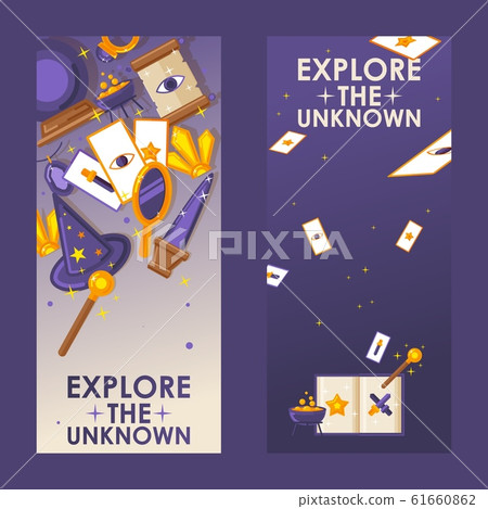 Vertical banners with magic trick items, vector illustration. Flat style cartoon icons, symbols of witchcraft and sorcery. Magical accessories and cards, mystical artifacts Vertical banners with magic trick items, vector illustration. Flat style cartoon icons, symbols of witchcraft and sorcery. Magical accessories and cards, mystical artifacts 61660862