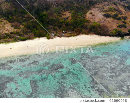 Aerial view of an amazing little beach with rock cliff in Bali. 61660938