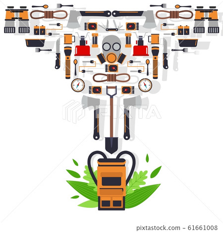 Survival kit isolated icons, vector illustration. Basic equipment for emergency evacuation, flat style emblem. Backpack, gas mask, ax, flashlight and rope. Set of survival tools 61661008