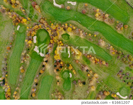 Aerial view of a golf course during autumn season 61661207