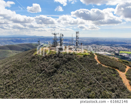 Aerial view of telecommunication antennas on the top of Mountain 61662146