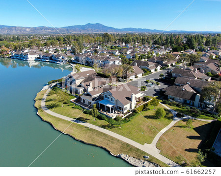 Aerial view of North Lake surrounded by residential neighborhood  61662257