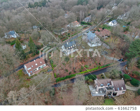 Aerial view of big villas with garden surrounded by forest during winte season 61662758