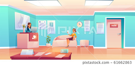 Patient in hospital waiting room. Woman in clinic 61662863