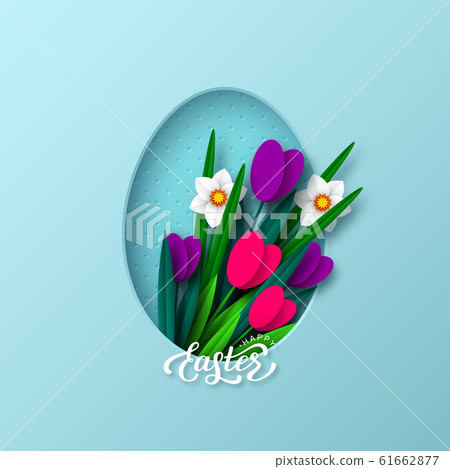 Easter background with paper cut spring flowers. 61662877