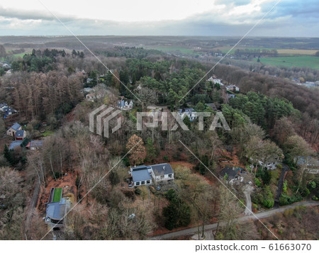Aerial view of big villas with garden surrounded by forest during winte season 61663070