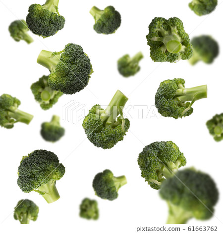 Flying broccoli isolated on white background, pattern 61663762