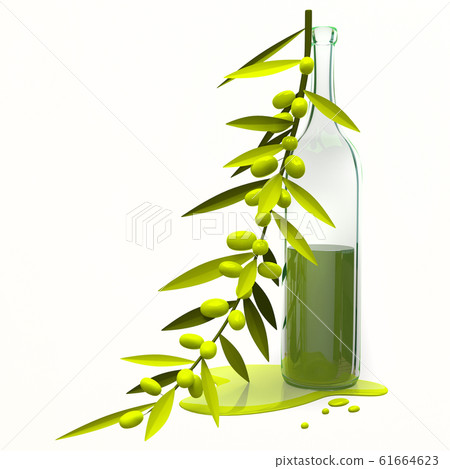 3D Illustration Olive Branch and Bottle with Oil 61664623
