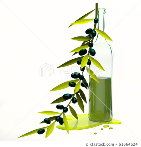 3D Illustration Black Olive Branch and Bottle with 61664624
