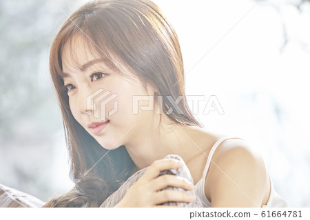 年輕女子，早晨，天氣，臥室，房間，房子，美麗 61664781