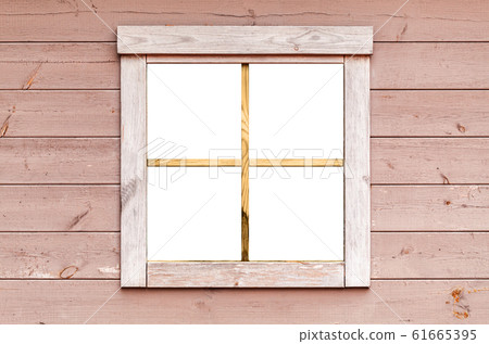 Blank square window in pink wooden wall 61665395