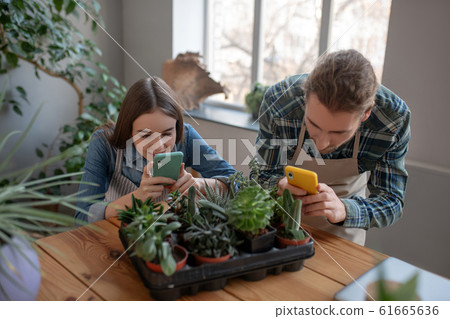 Woman and a man taking pictures of plants 61665636