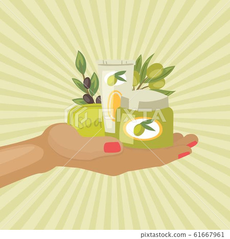 Cosmetics from olive oil jars with black and green olives, soap and cream on hand vintage poster vector illustration. 61667961