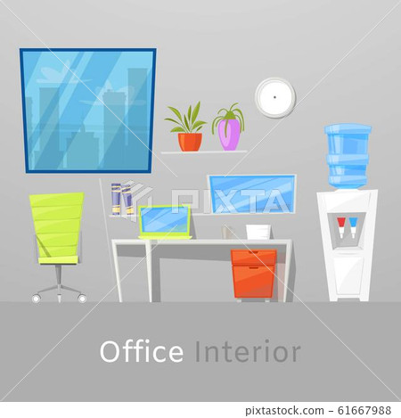 Office interior or workspace vector illustration for poster or banner. Working place for modern office interior with furniture for work, computer desk, chair and water cooler. Office interior or workspace vector illustration for poster or banner. Working place for modern office interior with furniture for work, computer desk, chair and water cooler. 61667988