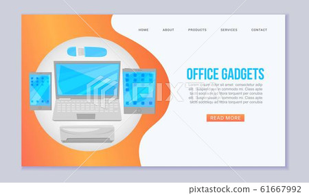 Office gadgets vector web banner template. Computer monitor, laptop, tablets and smartphone with blue screen. Electronic office gadgets website. Office gadgets vector web banner template. Computer monitor, laptop, tablets and smartphone with blue screen. Electronic office gadgets website. 61667992