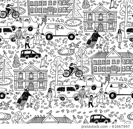 Doodles street in sity people cars houses seamless pattern black and white Doodles street in sity people cars houses seamless pattern black and white 61667997