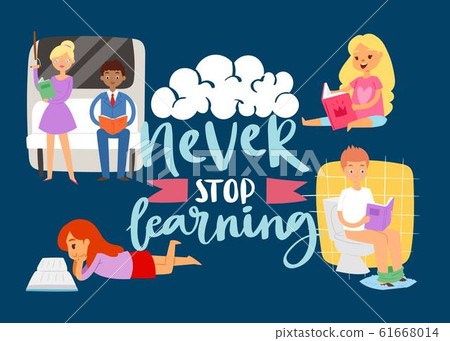 Never stop learning lifelong eucation concept with studying cartoon people and lettering cartoon vector illustration. 61668014