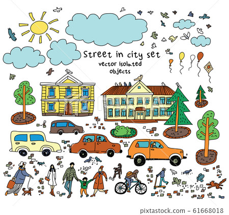 Doodles street sity object people cars houses sun isolated objects Doodles street sity object people cars houses sun isolated objects 61668018