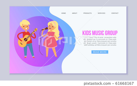 Cartoon kids playing musical instruments and singing vector web template of musical school. Illustration of childrens musicians band. 61668167
