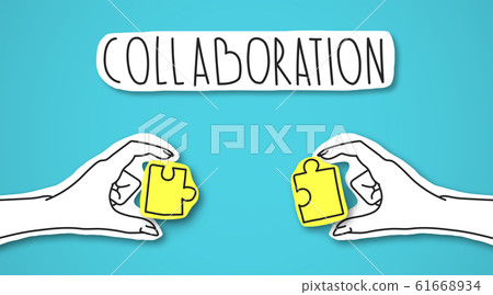 Iconic image of two hands connecting puzzles under collaboration text Iconic image of two hands connecting puzzles under collaboration text 61668934