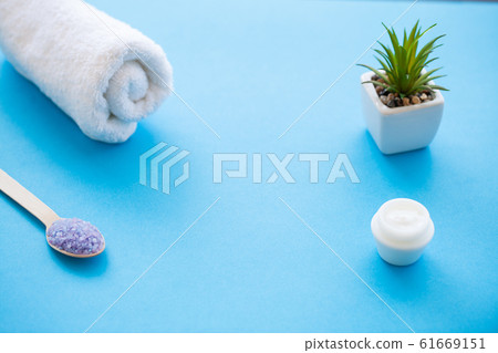 Spa. Sea Salt Grind On Wooden Light Blue Shabby Table Wooden Spoon. Kitchen And Cosmetic Healthy Usage 61669151