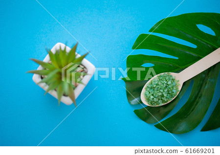 Spa. Sea Salt Grind On Wooden Light Blue Shabby Table Wooden Spoon. Kitchen And Cosmetic Healthy Usage Spa. Sea Salt Grind On Wooden Light Blue Shabby Table Wooden Spoon. Kitchen And Cosmetic Healthy Usage 61669201