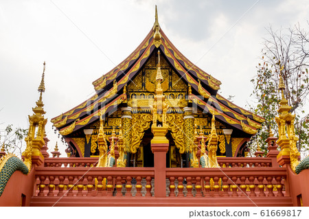 Architecture, decoration and the name in Thai Language of the building at Wat Phra That Doi Phra Chan on the mountain in Mae Tha District Architecture, decoration and the name in Thai Language of the building at Wat Phra That Doi Phra Chan on the mountain in Mae Tha District 61669817