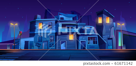 Ghetto street at night, slum abandoned houses 61671142