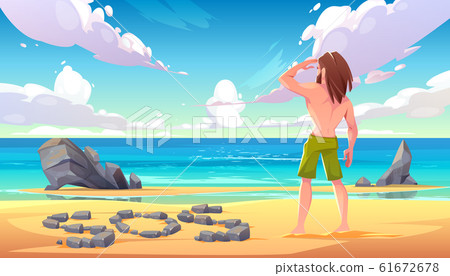 Castaway man on uninhabited island, shipwreck 61672678
