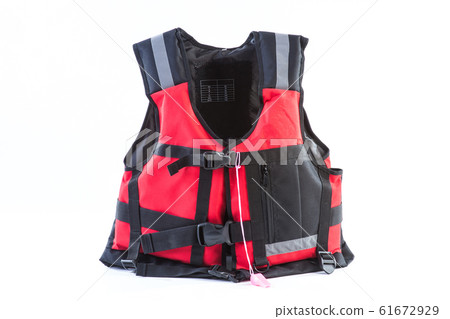 Red life jacket on white background, vest undone, isolated Red life jacket on white background, vest undone, isolated 61672929