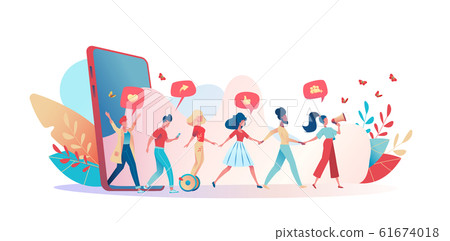 Friends hold hands, go out of a huge phone Friends hold hands, go out of a huge phone 61674018